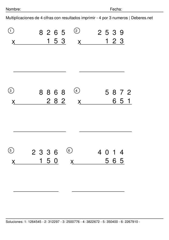 thumbnail of Multiplicaciones de 4 cifras con resultados para imprimir – 4 por 3 numeros – Ficha 1
