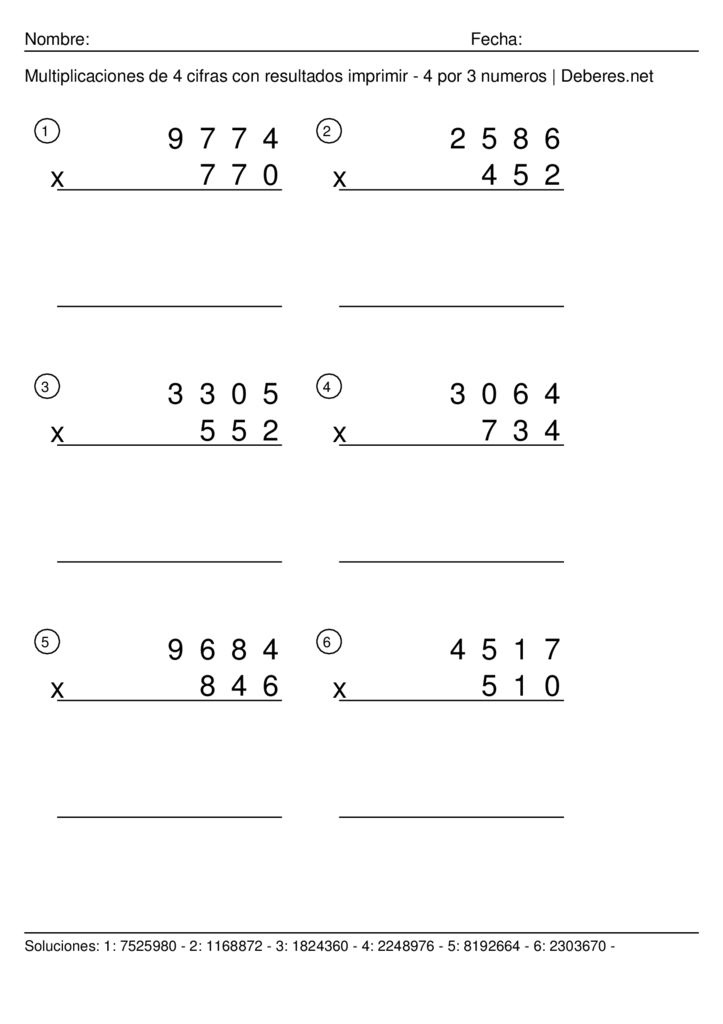 thumbnail of Multiplicaciones de 4 cifras con resultados para imprimir – 4 por 3 numeros – Ficha 10