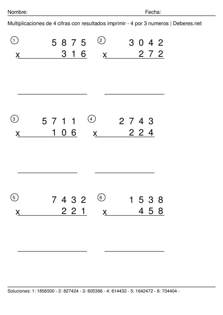 thumbnail of Multiplicaciones de 4 cifras con resultados para imprimir – 4 por 3 numeros – Ficha 2