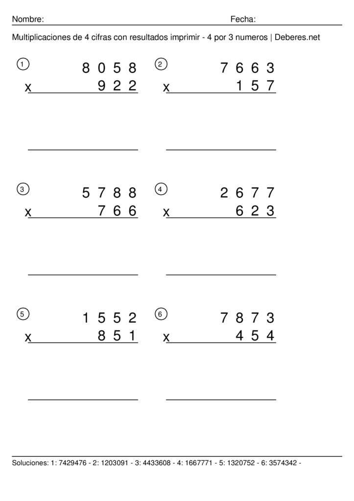 thumbnail of Multiplicaciones de 4 cifras con resultados para imprimir – 4 por 3 numeros – Ficha 3