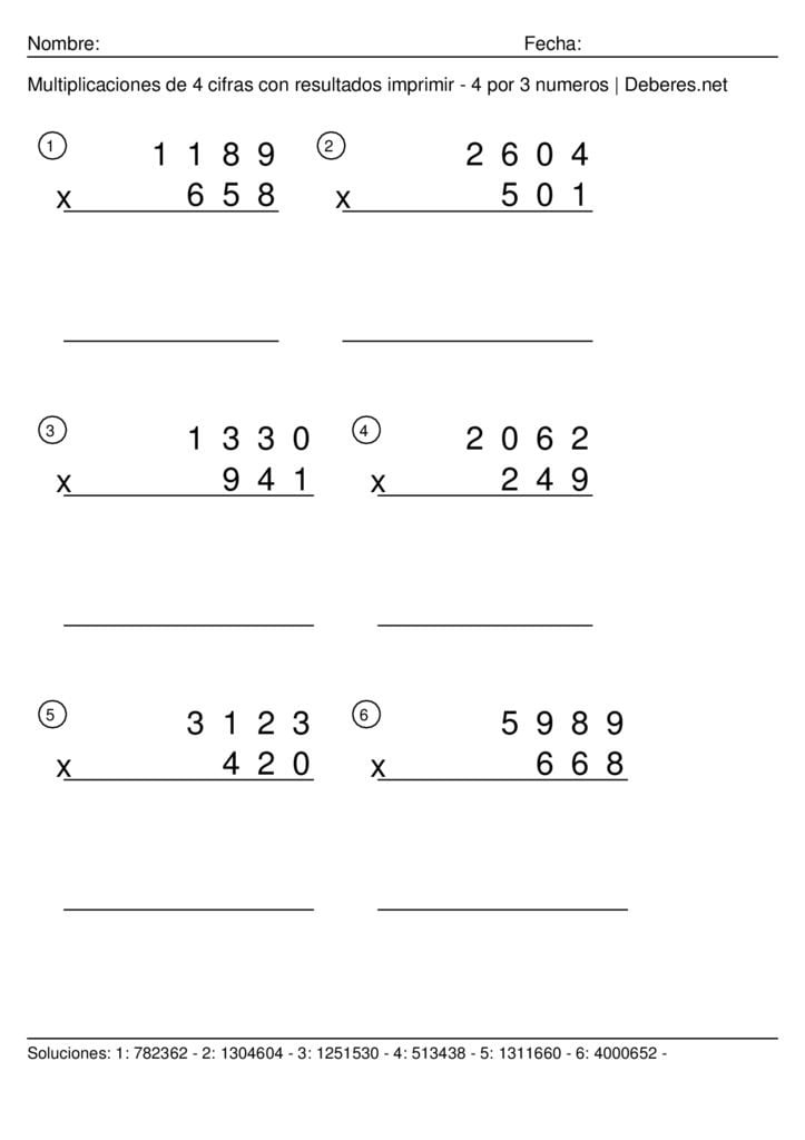 thumbnail of Multiplicaciones de 4 cifras con resultados para imprimir – 4 por 3 numeros – Ficha 4
