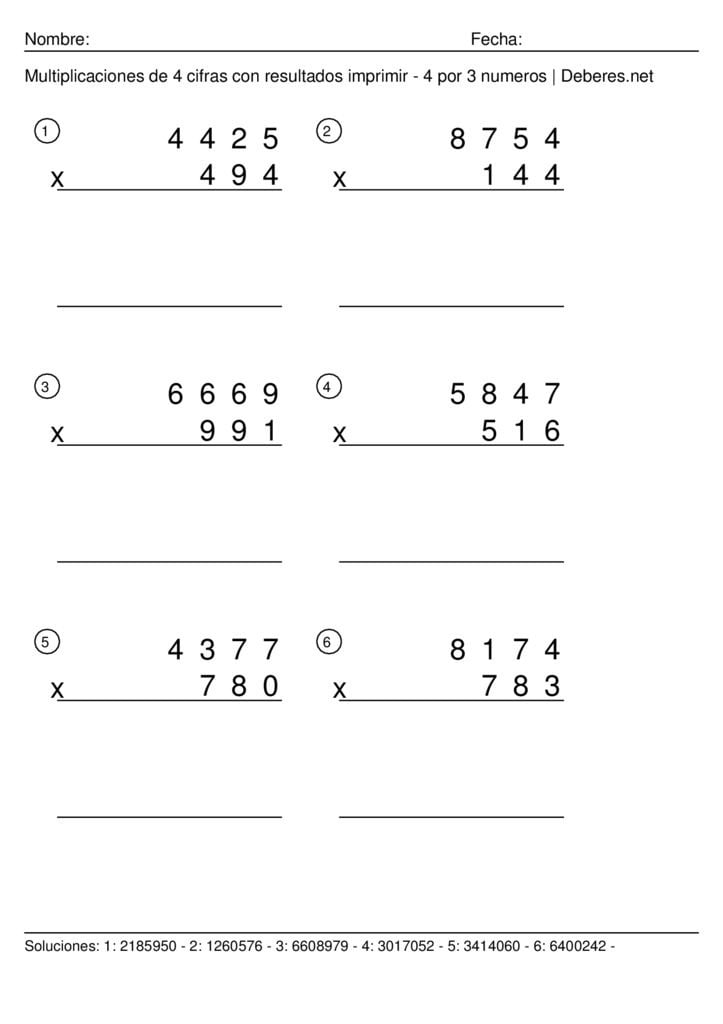 thumbnail of Multiplicaciones de 4 cifras con resultados para imprimir – 4 por 3 numeros – Ficha 5