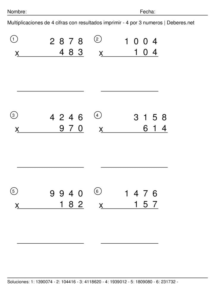 thumbnail of Multiplicaciones de 4 cifras con resultados para imprimir – 4 por 3 numeros – Ficha 6