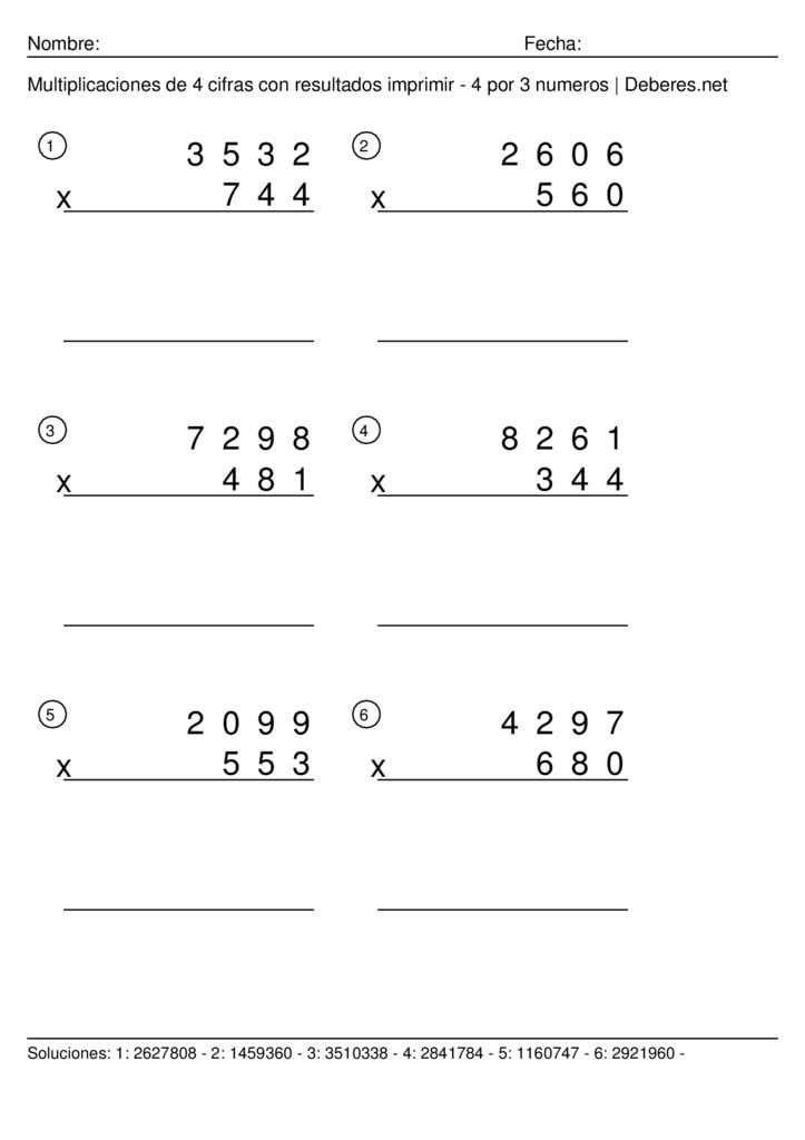 thumbnail of Multiplicaciones de 4 cifras con resultados para imprimir – 4 por 3 numeros – Ficha 7
