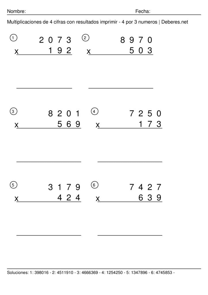 thumbnail of Multiplicaciones de 4 cifras con resultados para imprimir – 4 por 3 numeros – Ficha 8