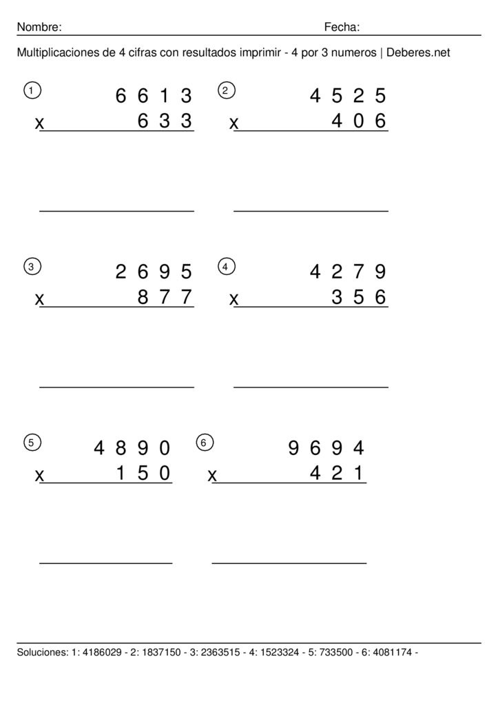 thumbnail of Multiplicaciones de 4 cifras con resultados para imprimir – 4 por 3 numeros – Ficha 9