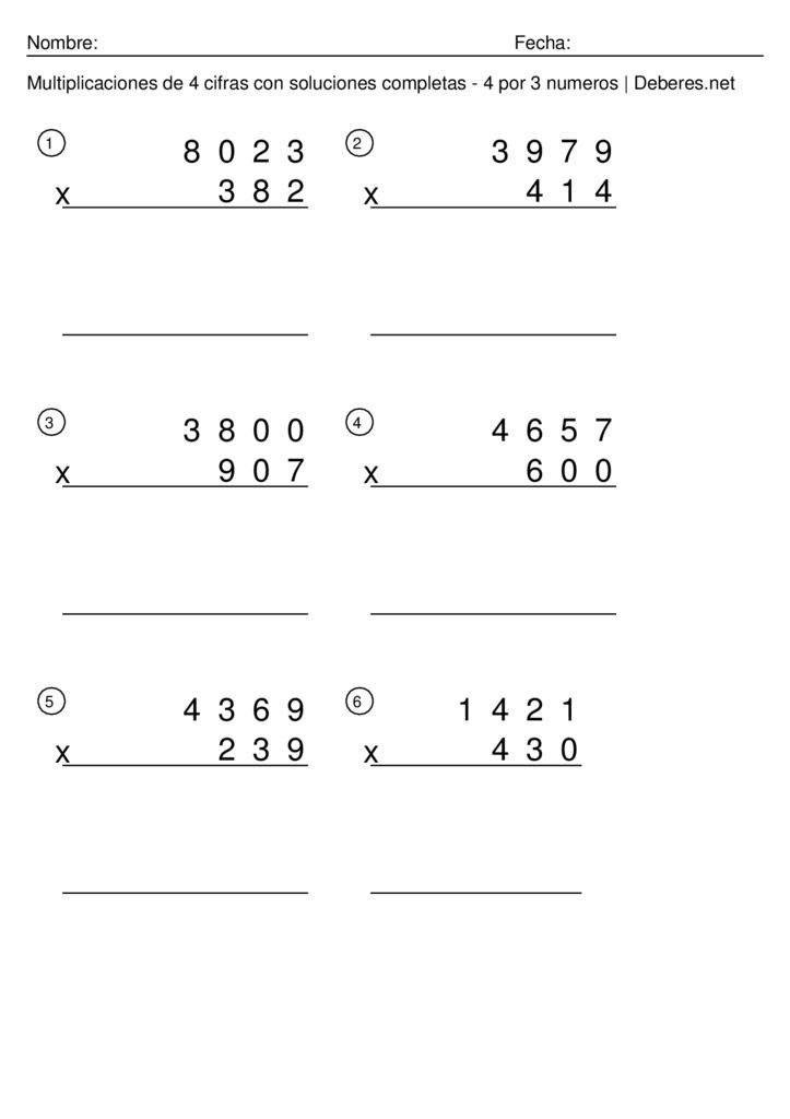 thumbnail of Multiplicaciones de 4 cifras con soluciones completas – 4 por 3 numeros – Ficha 1