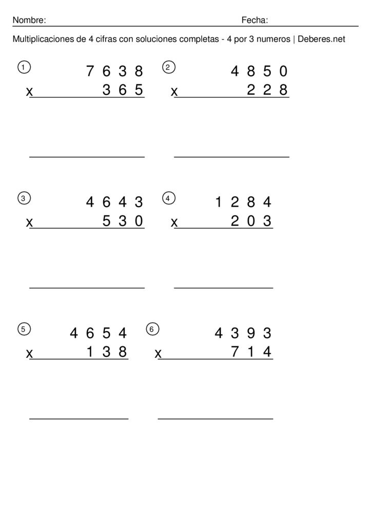 thumbnail of Multiplicaciones de 4 cifras con soluciones completas – 4 por 3 numeros – Ficha 10