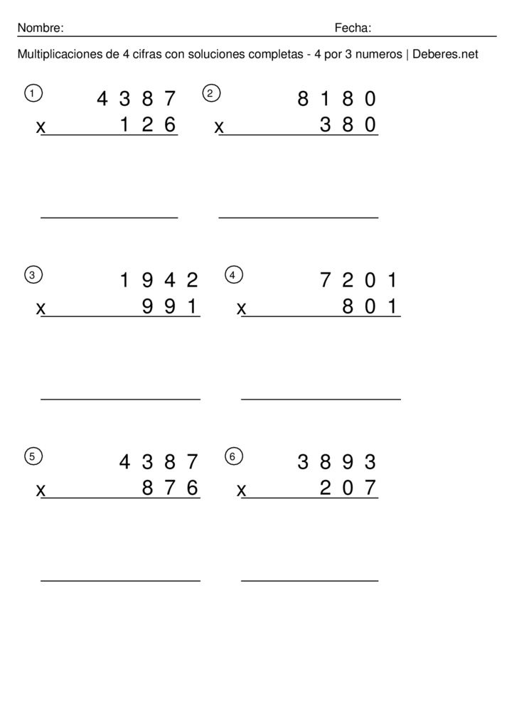 thumbnail of Multiplicaciones de 4 cifras con soluciones completas – 4 por 3 numeros – Ficha 2