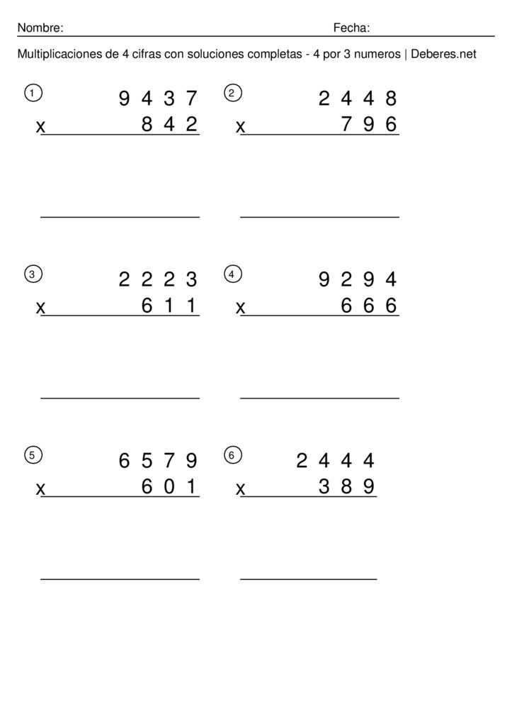 thumbnail of Multiplicaciones de 4 cifras con soluciones completas – 4 por 3 numeros – Ficha 4