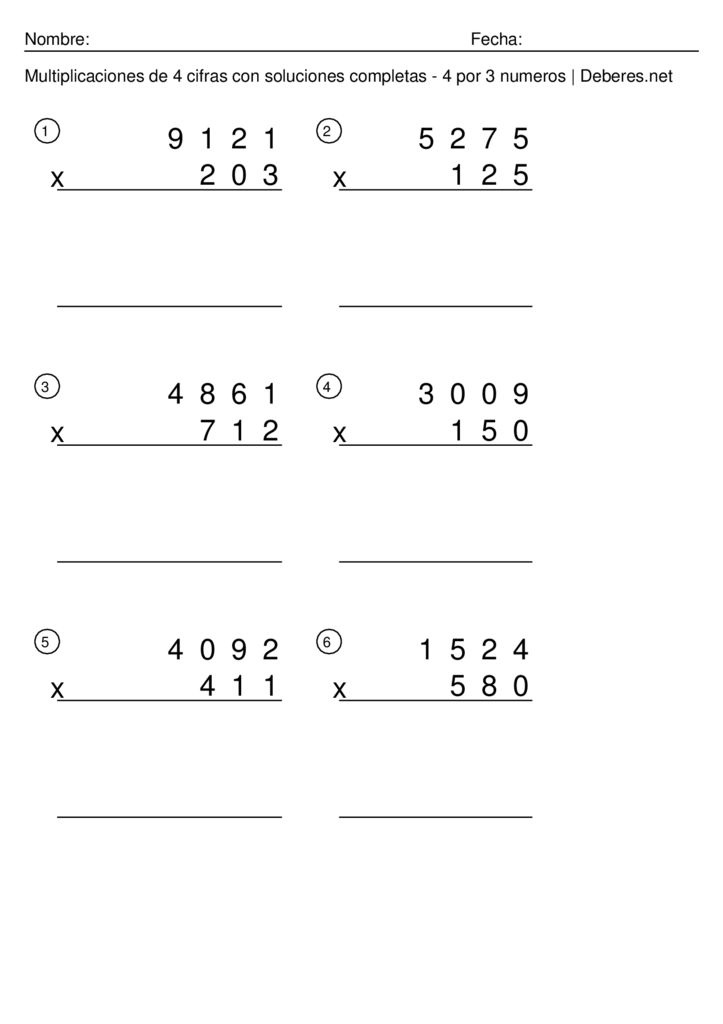 thumbnail of Multiplicaciones de 4 cifras con soluciones completas – 4 por 3 numeros – Ficha 5