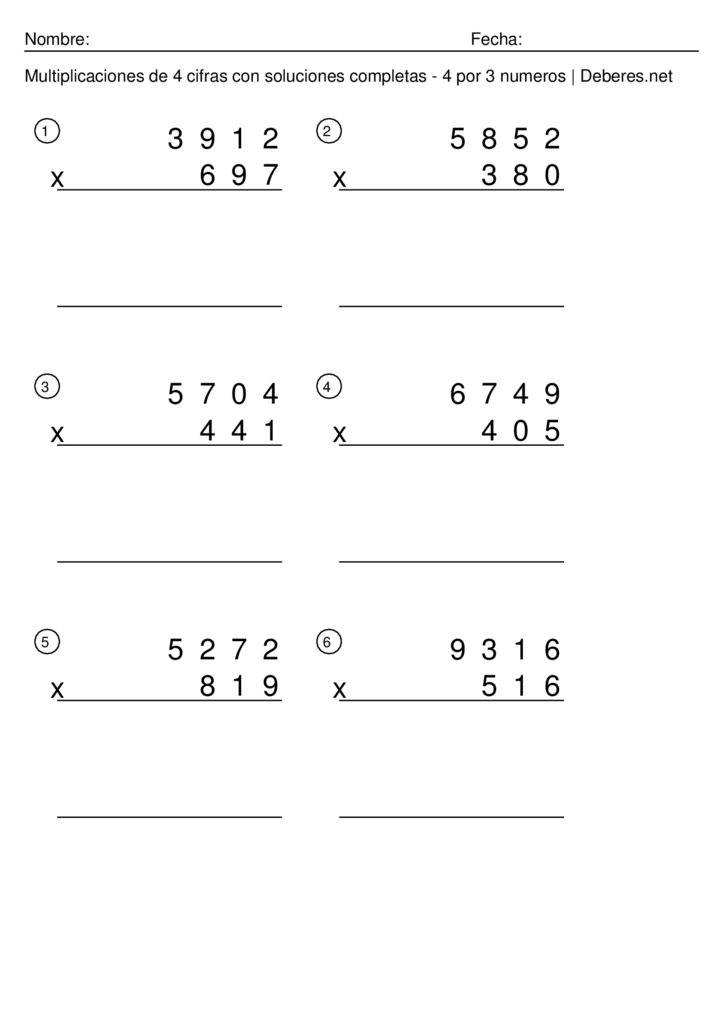 thumbnail of Multiplicaciones de 4 cifras con soluciones completas – 4 por 3 numeros – Ficha 6