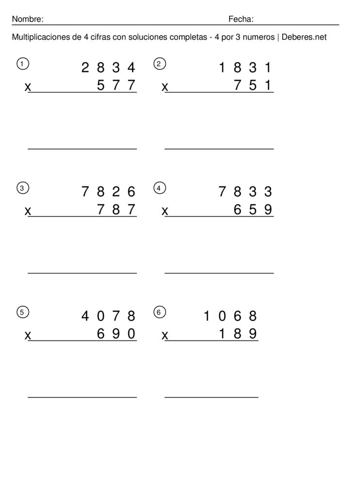 thumbnail of Multiplicaciones de 4 cifras con soluciones completas – 4 por 3 numeros – Ficha 7