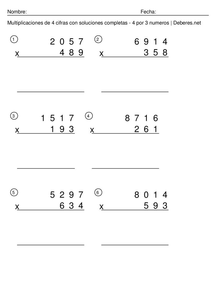thumbnail of Multiplicaciones de 4 cifras con soluciones completas – 4 por 3 numeros – Ficha 8