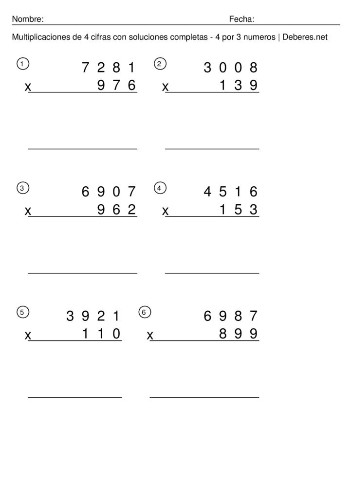 thumbnail of Multiplicaciones de 4 cifras con soluciones completas – 4 por 3 numeros – Ficha 9