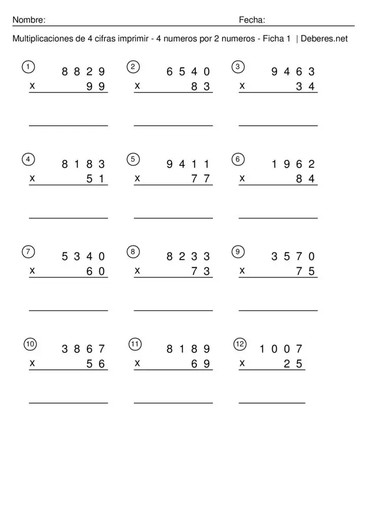 thumbnail of Multiplicaciones de 4 cifras imprimir – 4 numeros por 2 numeros – Ficha 1