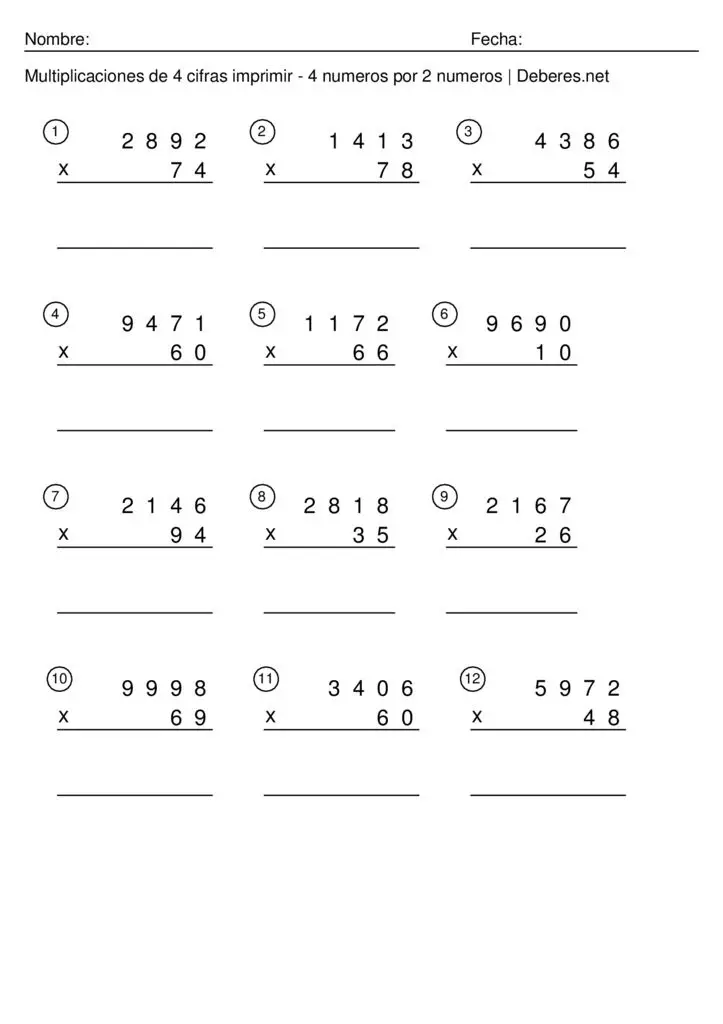 thumbnail of Multiplicaciones de 4 cifras imprimir – 4 numeros por 2 numeros – Ficha 10