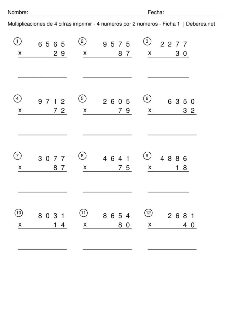 thumbnail of Multiplicaciones de 4 cifras imprimir – 4 numeros por 2 numeros – Ficha 2