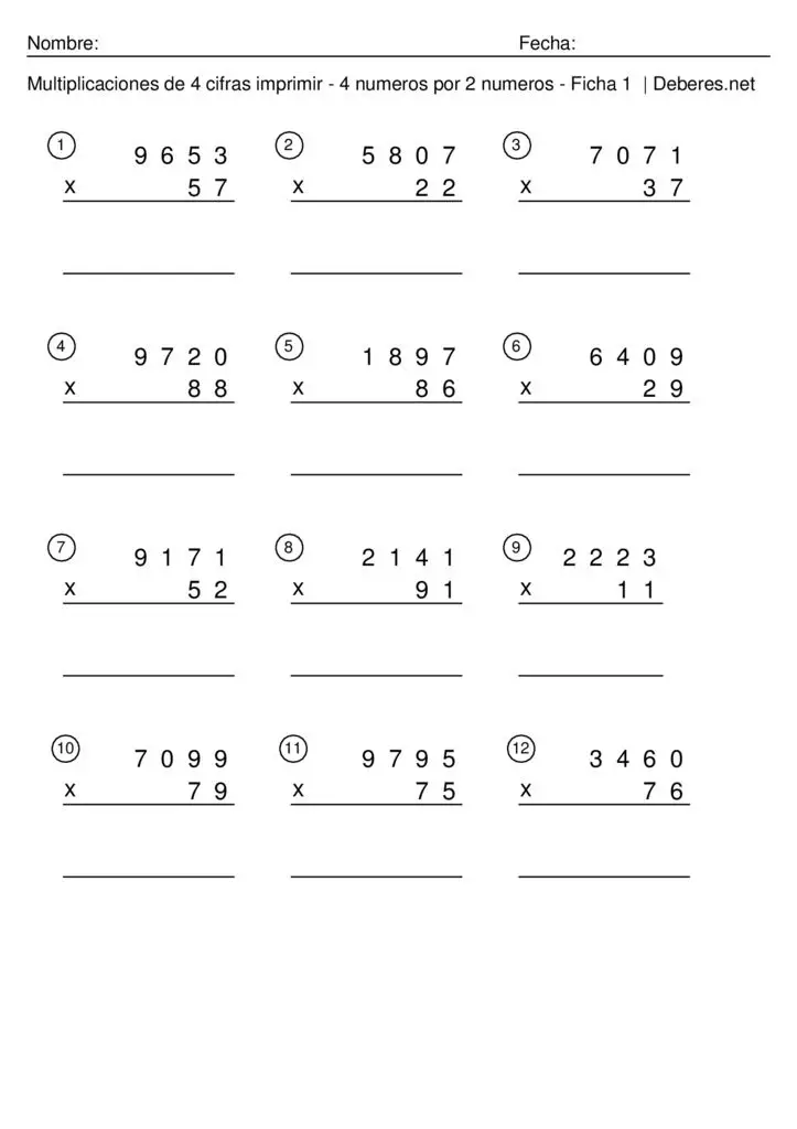 thumbnail of Multiplicaciones de 4 cifras imprimir – 4 numeros por 2 numeros – Ficha 3