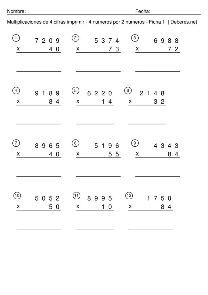 thumbnail of Multiplicaciones de 4 cifras imprimir – 4 numeros por 2 numeros – Ficha 5
