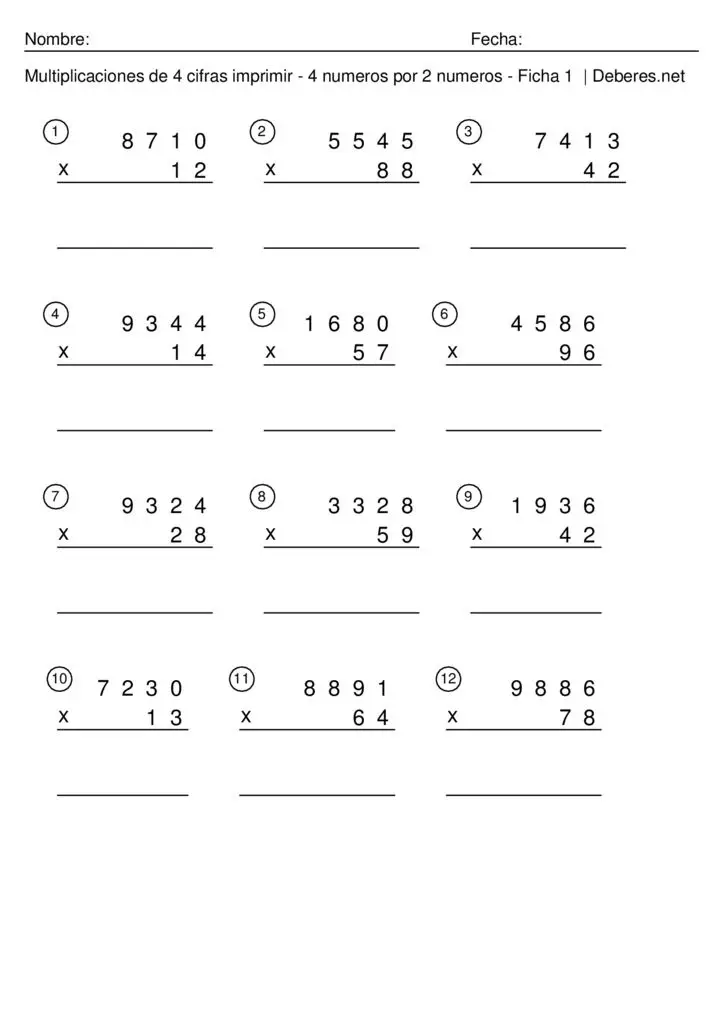 thumbnail of Multiplicaciones de 4 cifras imprimir – 4 numeros por 2 numeros – Ficha 7