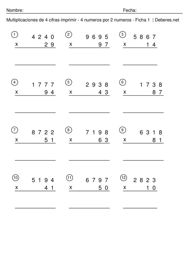 thumbnail of Multiplicaciones de 4 cifras imprimir – 4 numeros por 2 numeros – Ficha 8