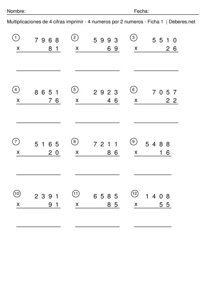 thumbnail of Multiplicaciones de 4 cifras imprimir – 4 numeros por 2 numeros – Ficha 9
