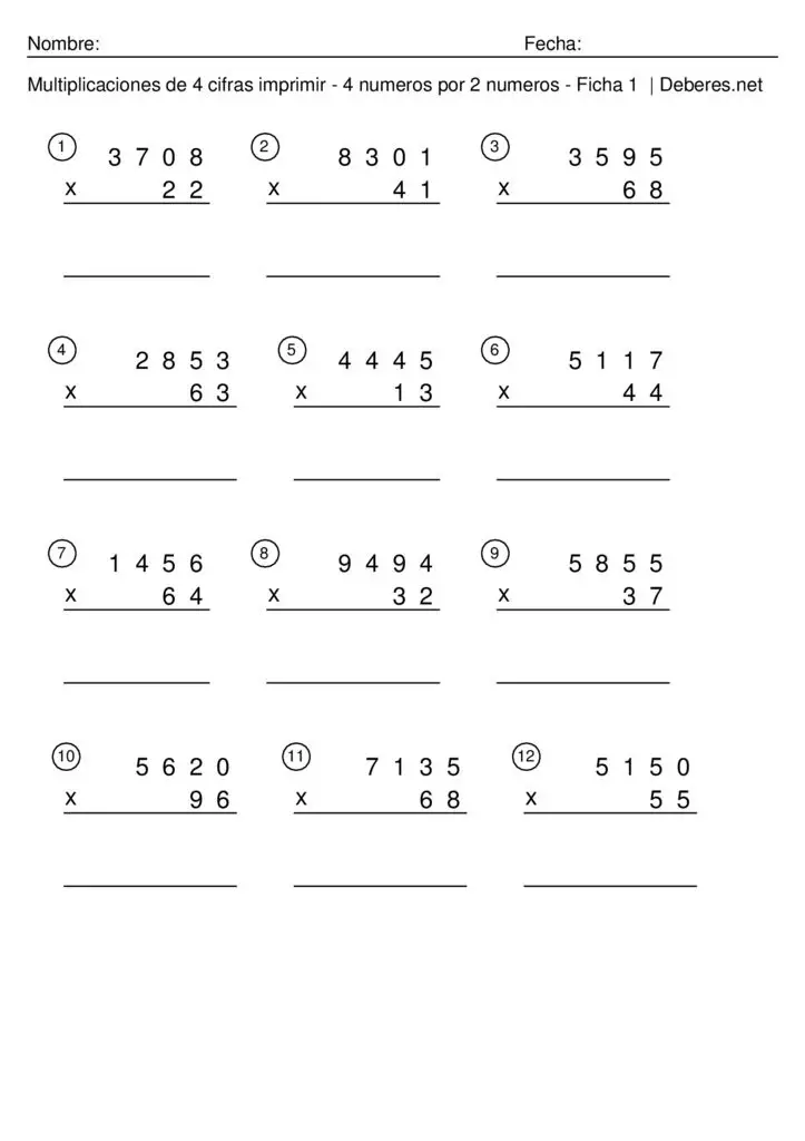thumbnail of Multiplicaciones de 4 cifras imprimir con soluciones – 4 numeros por 2 numeros – Ficha 1