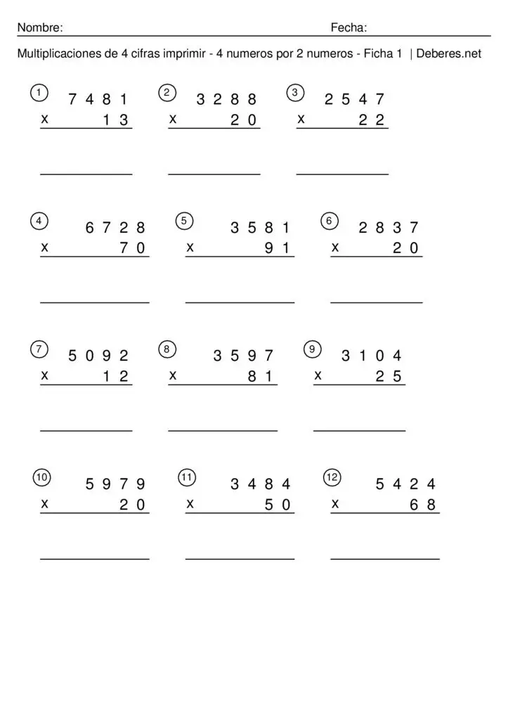 thumbnail of Multiplicaciones de 4 cifras imprimir con soluciones – 4 numeros por 2 numeros – Ficha 10