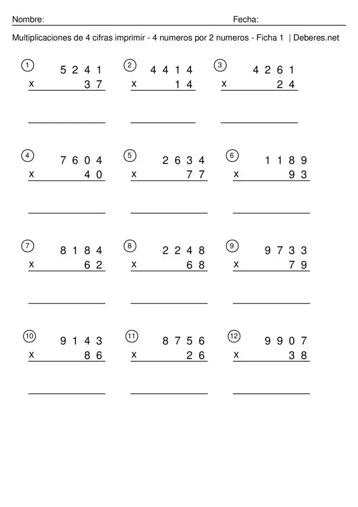 thumbnail of Multiplicaciones de 4 cifras imprimir con soluciones – 4 numeros por 2 numeros – Ficha 4