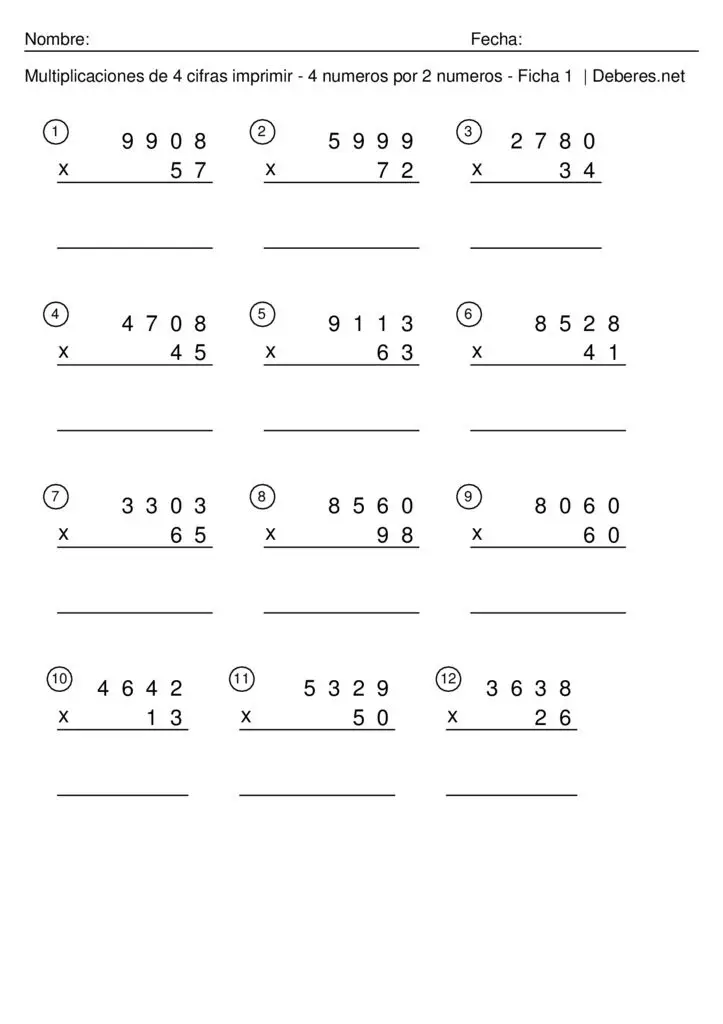 thumbnail of Multiplicaciones de 4 cifras imprimir con soluciones – 4 numeros por 2 numeros – Ficha 5
