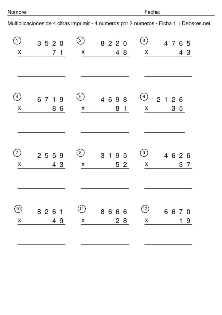 thumbnail of Multiplicaciones de 4 cifras imprimir con soluciones – 4 numeros por 2 numeros – Ficha 6