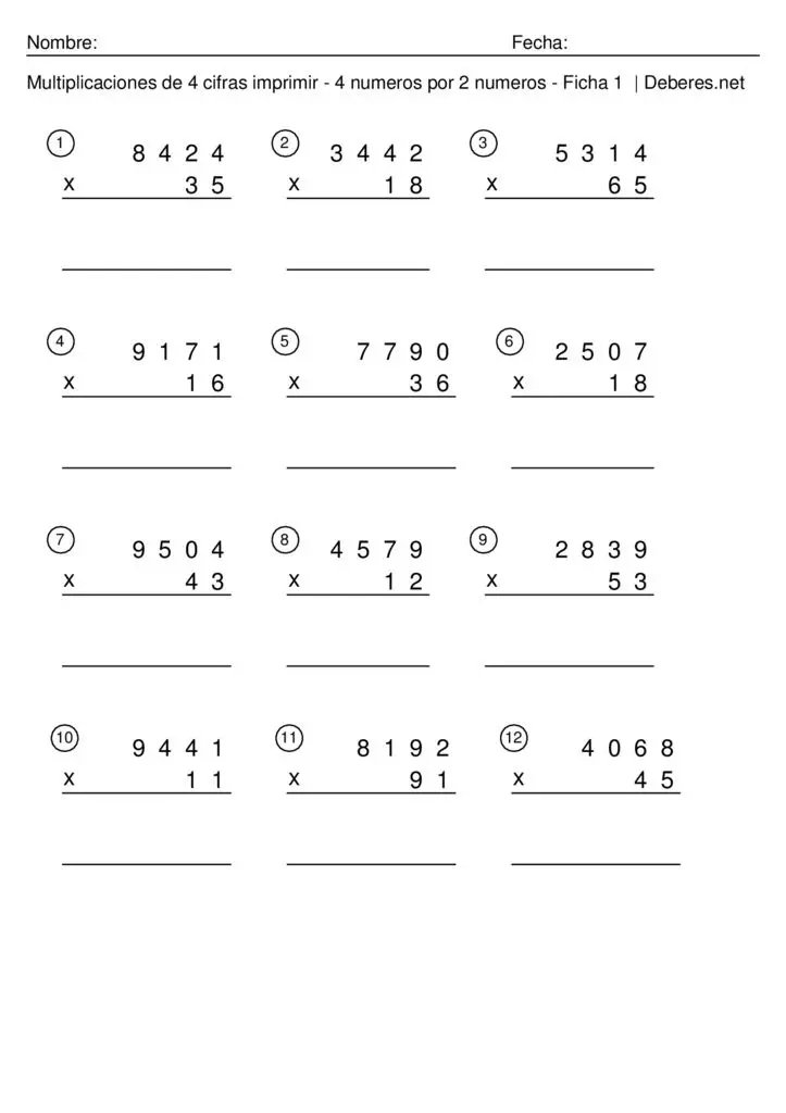 thumbnail of Multiplicaciones de 4 cifras imprimir con soluciones – 4 numeros por 2 numeros – Ficha 7