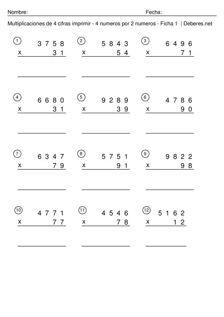 thumbnail of Multiplicaciones de 4 cifras imprimir con soluciones – 4 numeros por 2 numeros – Ficha 8