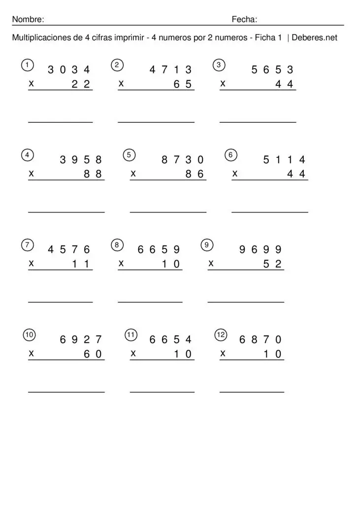 thumbnail of Multiplicaciones de 4 cifras imprimir con soluciones – 4 numeros por 2 numeros – Ficha 9