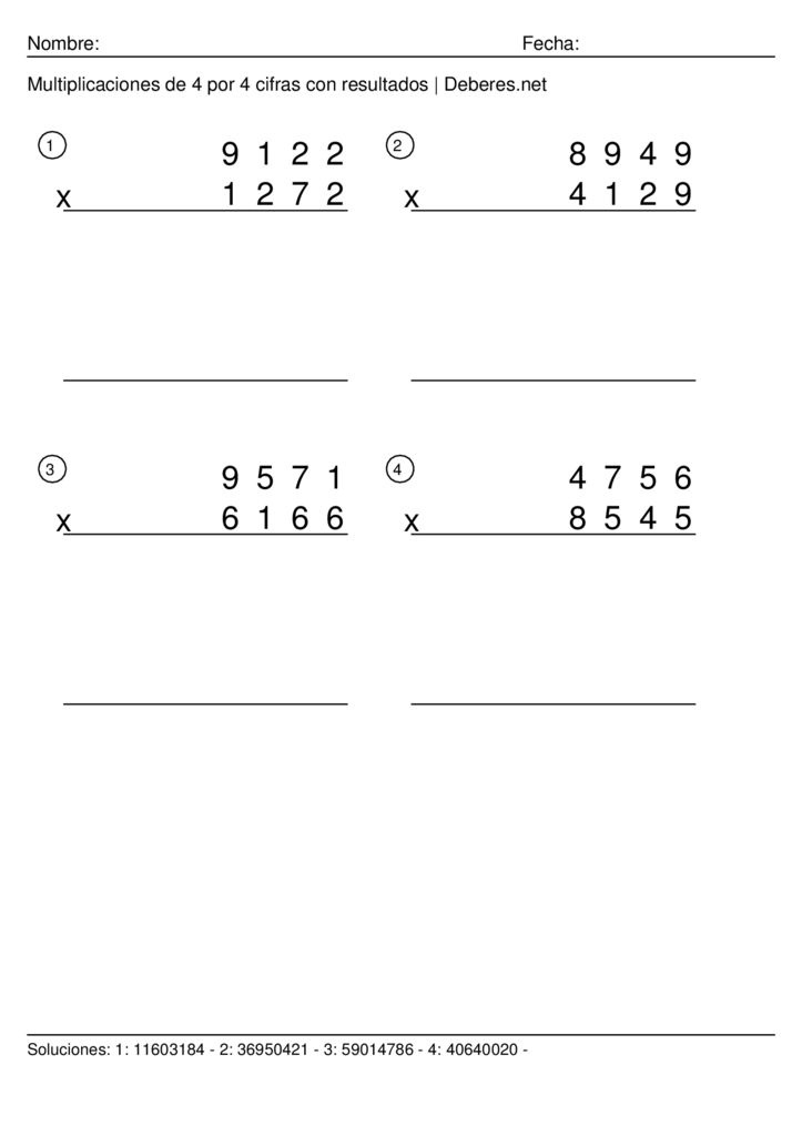 thumbnail of Multiplicaciones de 4 por 4 cifras con resultados – Ficha 1