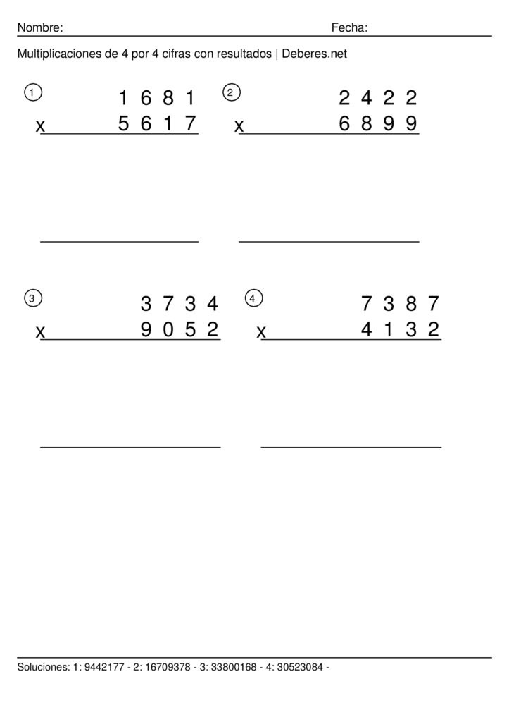 thumbnail of Multiplicaciones de 4 por 4 cifras con resultados – Ficha 10