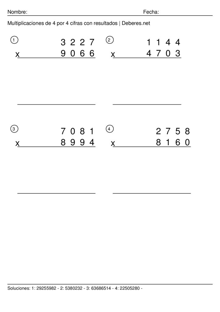 thumbnail of Multiplicaciones de 4 por 4 cifras con resultados – Ficha 2