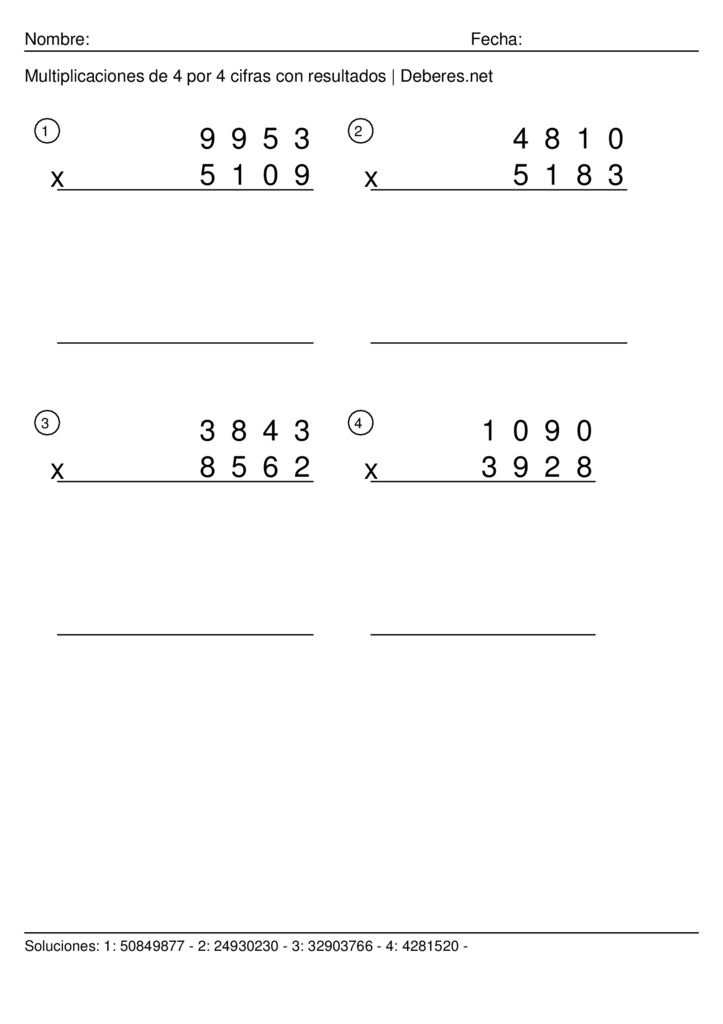thumbnail of Multiplicaciones de 4 por 4 cifras con resultados – Ficha 3
