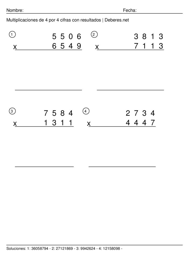 thumbnail of Multiplicaciones de 4 por 4 cifras con resultados – Ficha 4
