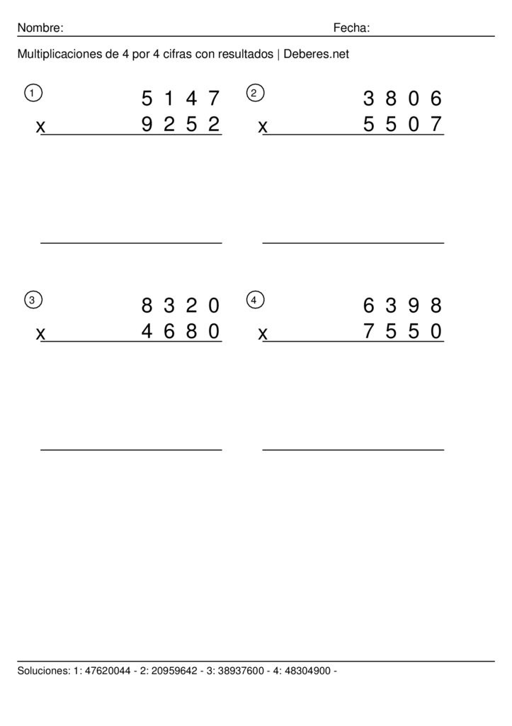 thumbnail of Multiplicaciones de 4 por 4 cifras con resultados – Ficha 6