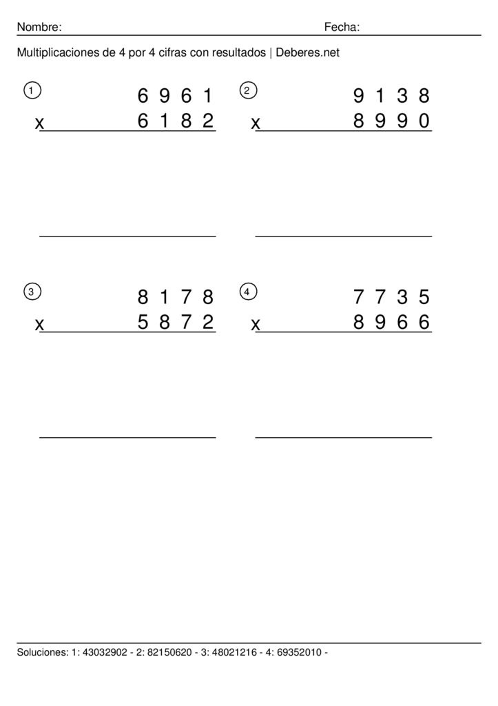 thumbnail of Multiplicaciones de 4 por 4 cifras con resultados – Ficha 7