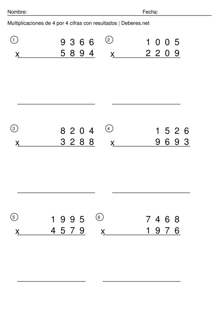 thumbnail of Multiplicaciones de 4 por 4 cifras con soluciones completas – Ficha 1