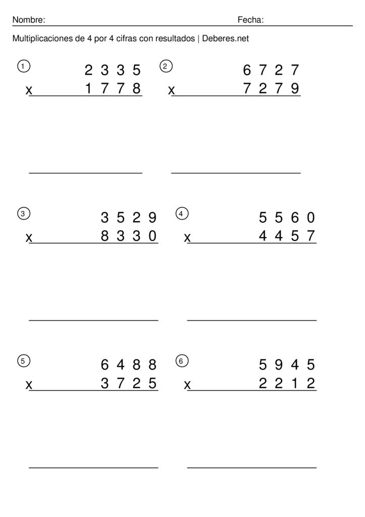 thumbnail of Multiplicaciones de 4 por 4 cifras con soluciones completas – Ficha 10
