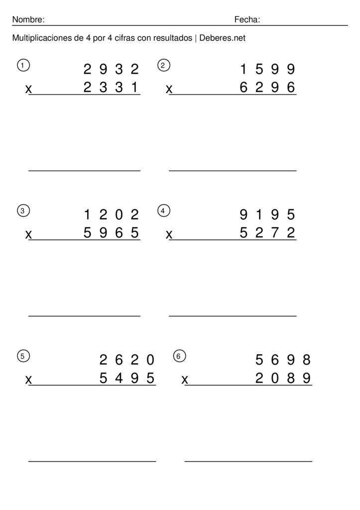 thumbnail of Multiplicaciones de 4 por 4 cifras con soluciones completas – Ficha 2