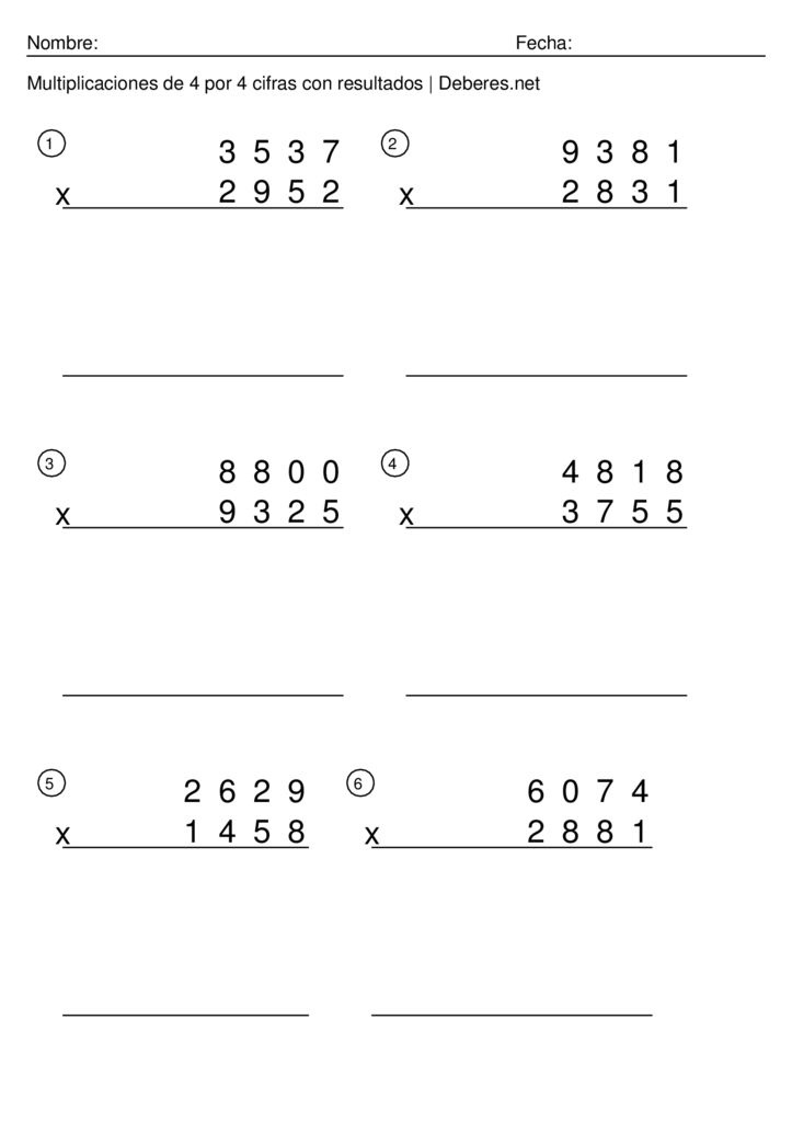 thumbnail of Multiplicaciones de 4 por 4 cifras con soluciones completas – Ficha 4