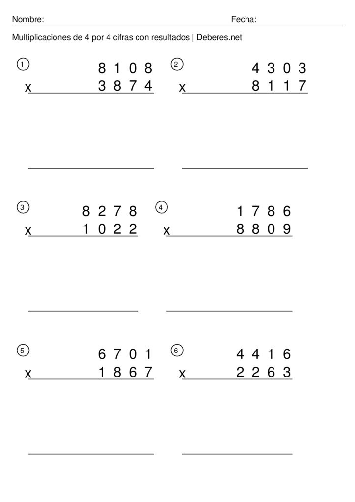 thumbnail of Multiplicaciones de 4 por 4 cifras con soluciones completas – Ficha 5