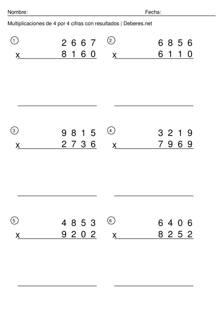 thumbnail of Multiplicaciones de 4 por 4 cifras con soluciones completas – Ficha 6
