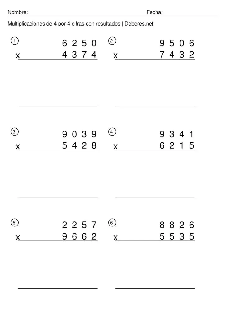 thumbnail of Multiplicaciones de 4 por 4 cifras con soluciones completas – Ficha 7