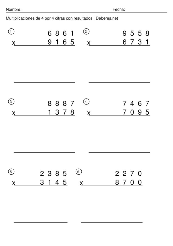 thumbnail of Multiplicaciones de 4 por 4 cifras con soluciones completas – Ficha 8